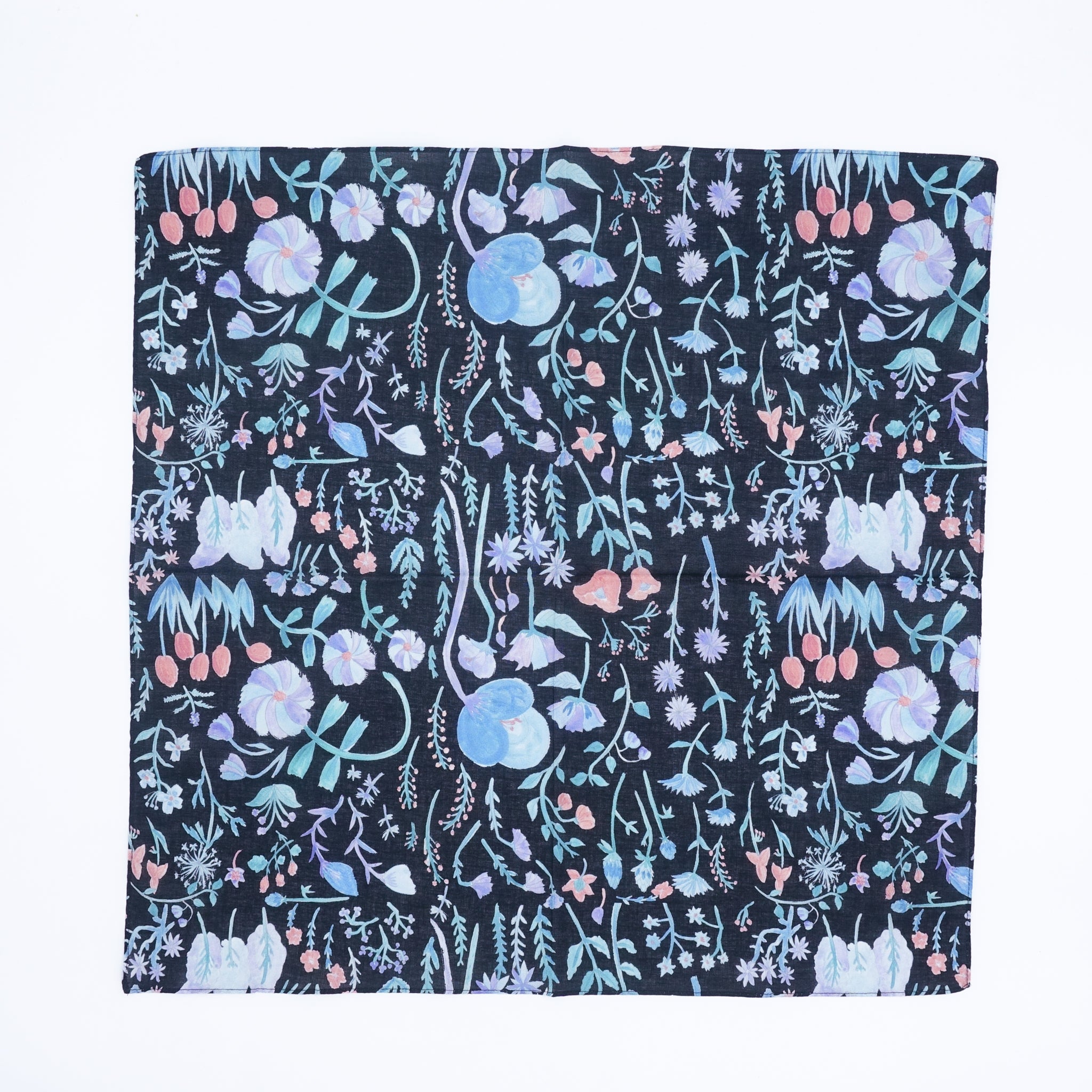 【338】絵図のハンカチ（黒・花柄）［ezu（旧：リップル洋品店）］